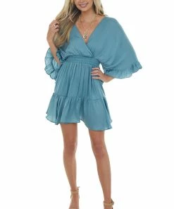 Glam Sea Blue Kimono Sleeve Ruffle Silky Mini Dress 14 Glam Sea Blue Kimono Sleeve Ruffle Silky Mini Dress