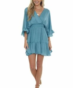 Glam Sea Blue Kimono Sleeve Ruffle Silky Mini Dress 13 Glam Sea Blue Kimono Sleeve Ruffle Silky Mini Dress