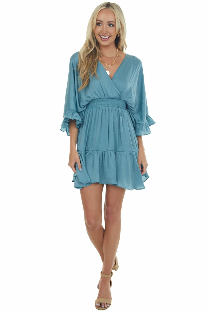 Glam Sea Blue Kimono Sleeve Ruffle Silky Mini Dress 6 Glam Sea Blue Kimono Sleeve Ruffle Silky Mini Dress