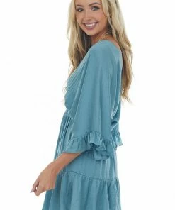 Glam Sea Blue Kimono Sleeve Ruffle Silky Mini Dress 15 Glam Sea Blue Kimono Sleeve Ruffle Silky Mini Dress