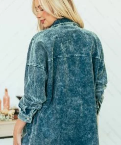 ZENANA Sea Blue Washed Collared Button Up Corduroy Jacket