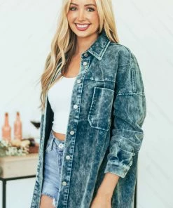 ZENANA Sea Blue Washed Collared Button Up Corduroy Jacket