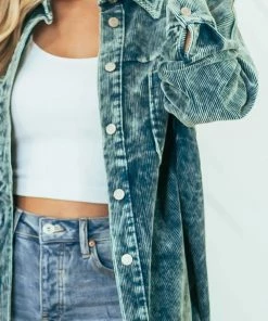 ZENANA Sea Blue Washed Collared Button Up Corduroy Jacket