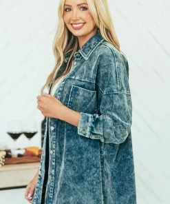 ZENANA Sea Blue Washed Collared Button Up Corduroy Jacket