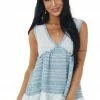 BiBi Tops Sea Blue And Off White Colorblock Waffle Knit Tank