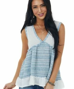 BiBi Tops Sea Blue And Off White Colorblock Waffle Knit Tank