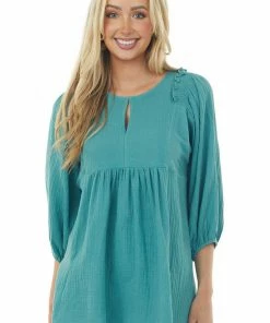 Umgee Sea Green Puff Sleeve Babydoll Gauze Tunic Top