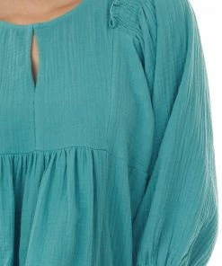 Umgee Sea Green Puff Sleeve Babydoll Gauze Tunic Top