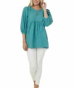 Umgee Sea Green Puff Sleeve Babydoll Gauze Tunic Top