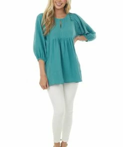 Umgee Sea Green Puff Sleeve Babydoll Gauze Tunic Top