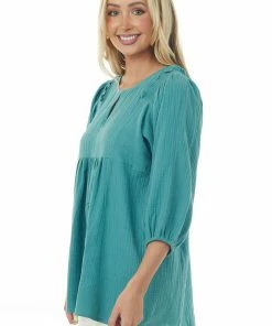 Umgee Sea Green Puff Sleeve Babydoll Gauze Tunic Top