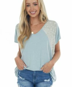 Ces Femme Seafoam Colorblock V Neck Dolman Sleeve Knit Top Tops