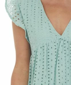 BiBi Dresses Seafoam Eyelet Lace V Neck Babydoll Mini Dress