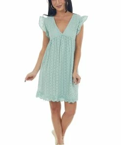 BiBi Dresses Seafoam Eyelet Lace V Neck Babydoll Mini Dress