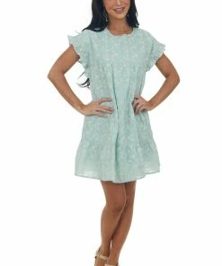 Sweet Lemon Seafoam Floral Embroidered Tiered Mini Dress Dresses