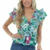 Entro Tops Seafoam Floral Print Frilly Plunge Neck Top