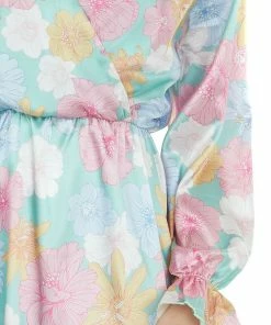 Peach Love Seafoam Floral Print Surplice Satin Short Dress Dresses