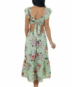 Umgee Seafoam Floral Printed Ruffle Sleeve Midi Dress Dresses