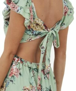 Umgee Seafoam Floral Printed Ruffle Sleeve Midi Dress Dresses