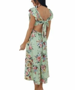 Umgee Seafoam Floral Printed Ruffle Sleeve Midi Dress Dresses