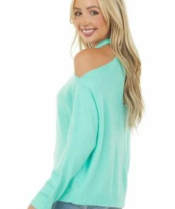 Lime Lush Seafoam Long Sleeve Halter Neck Lightweight Sweater Tops