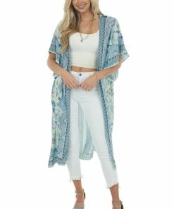ANGIE Seafoam Multicolor Printed Duster Kimono With Short Sleeves