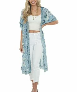 ANGIE Seafoam Multicolor Printed Duster Kimono With Short Sleeves