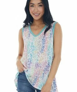 BiBi Tops Seafoam Multicolored Leopard Print Tank Top