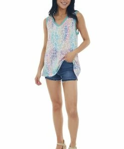 BiBi Tops Seafoam Multicolored Leopard Print Tank Top
