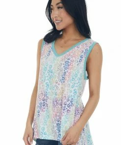 BiBi Tops Seafoam Multicolored Leopard Print Tank Top 11 BiBi Tops Seafoam Multicolored Leopard Print Tank Top