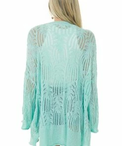 POL Clothing Seafoam Open Crochet High Low Button Up Cardigan
