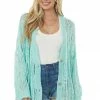 POL Clothing Seafoam Open Crochet High Low Button Up Cardigan