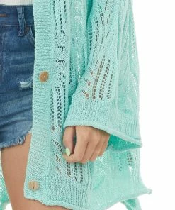 POL Clothing Seafoam Open Crochet High Low Button Up Cardigan