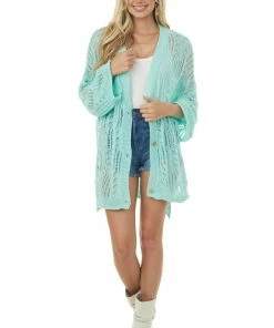 POL Clothing Seafoam Open Crochet High Low Button Up Cardigan
