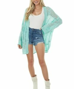 POL Clothing Seafoam Open Crochet High Low Button Up Cardigan