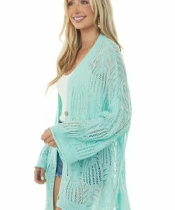 POL Clothing Seafoam Open Crochet High Low Button Up Cardigan