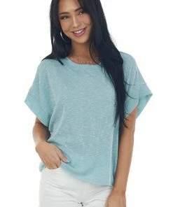 Ces Femme Seafoam Ribbed Short Sleeve Raw Hem Top Tops