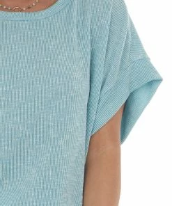 Ces Femme Seafoam Ribbed Short Sleeve Raw Hem Top Tops