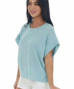 Ces Femme Seafoam Ribbed Short Sleeve Raw Hem Top Tops