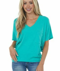 Charlotte Avery Seafoam Short Dolman Sleeve Chest Pocket Top