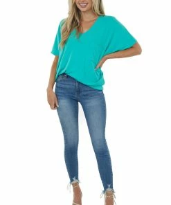 Charlotte Avery Seafoam Short Dolman Sleeve Chest Pocket Top