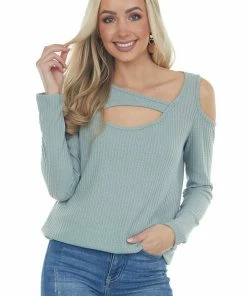 BiBi Seafoam Single Cold Shoulder Waffle Knit Top With Cut Out