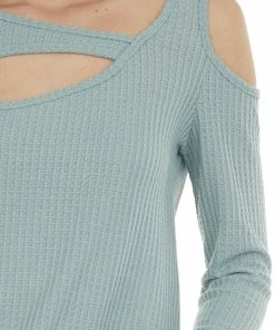 BiBi Seafoam Single Cold Shoulder Waffle Knit Top With Cut Out