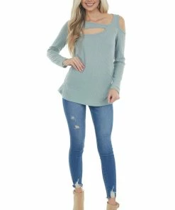 BiBi Seafoam Single Cold Shoulder Waffle Knit Top With Cut Out