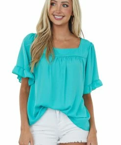 HESED Seafoam Square Neck Ruffle Bell Sleeve Blouse