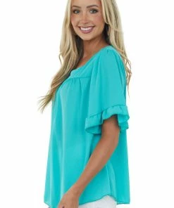 HESED Seafoam Square Neck Ruffle Bell Sleeve Blouse