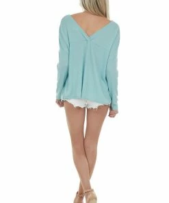 143 Story Seafoam Surplice Front Knot Waffle Knit Top