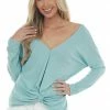 143 Story Seafoam Surplice Front Knot Waffle Knit Top