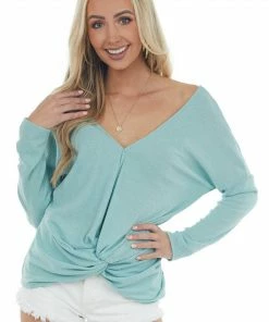 143 Story Seafoam Surplice Front Knot Waffle Knit Top