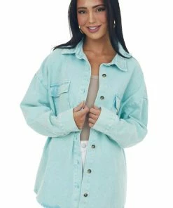Peach Love Seafoam Washed Button Up Denim Shirt Jacket Tops